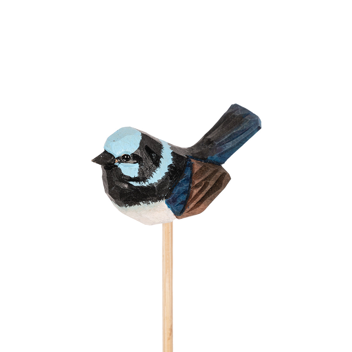 Handcrafted Timber Blue Wren on a Stick
