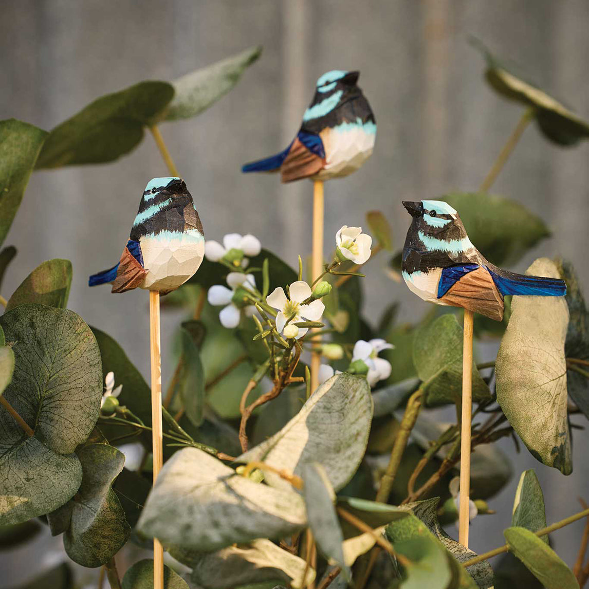 Handcrafted Timber Blue Wren on a Stick