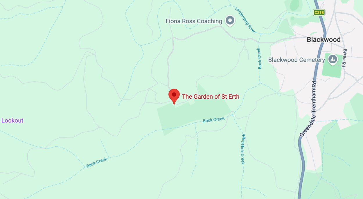 Map showing The Garden of St Erth, Simmons Reef Road, Blackwood VIC, Australia
