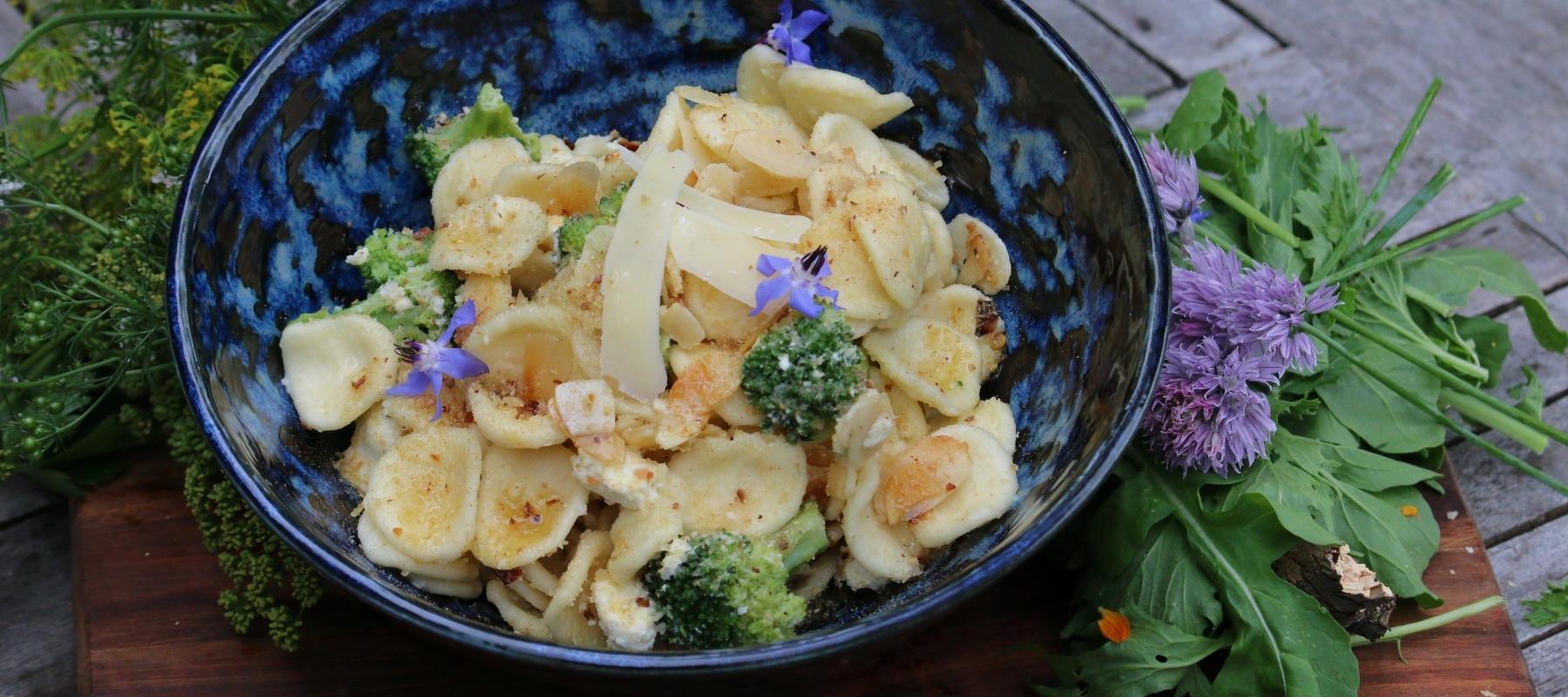 Orecchiette with broccoli, almonds and goats cheese