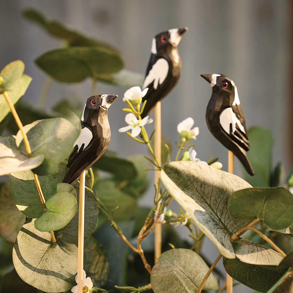 Hand-carved Timber Magpie on Stick